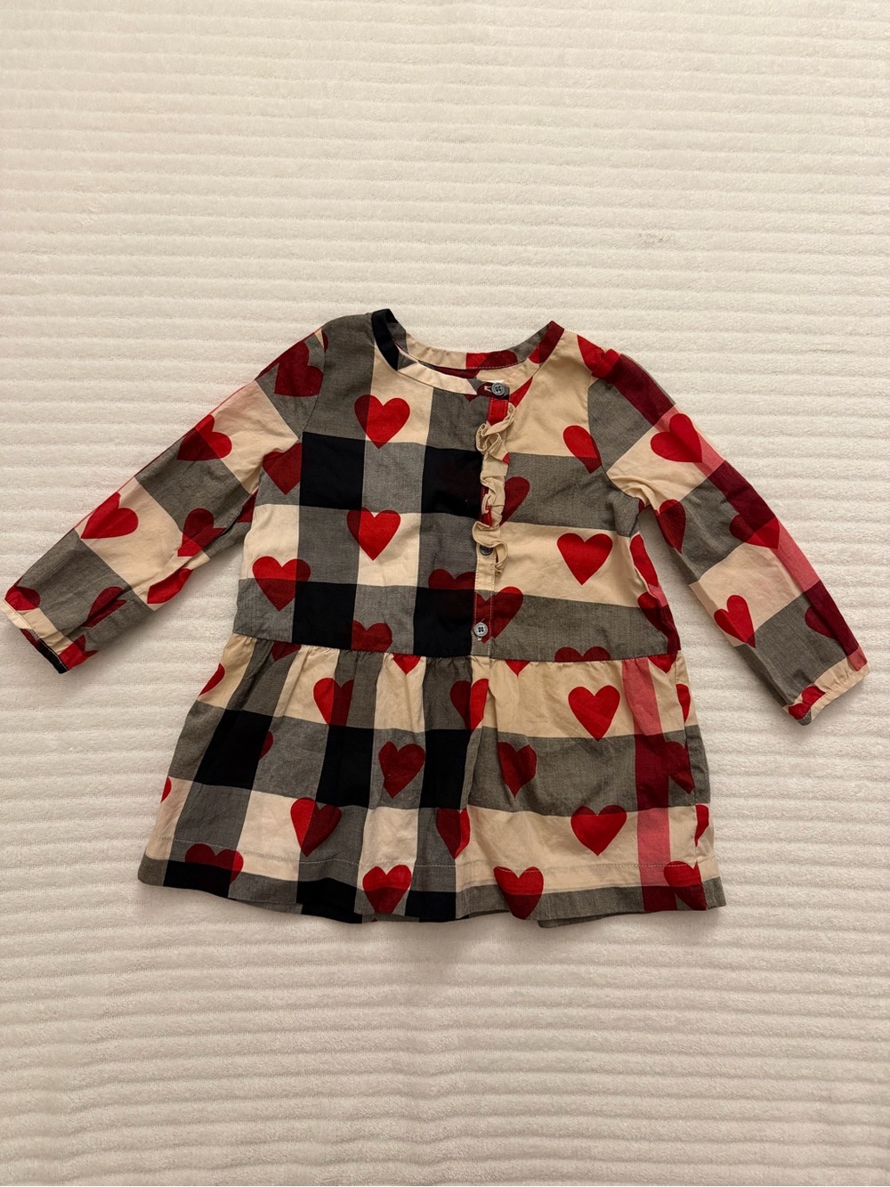 Burberry Beige Black Red Heart Plaid Kids Dress